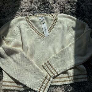 Old Navy Cream and Brown V-Neck Sweater